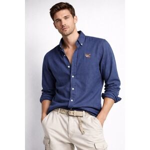 Vintage American Living Mens XL Navy 100% Linen Button Down Eagle Shirt